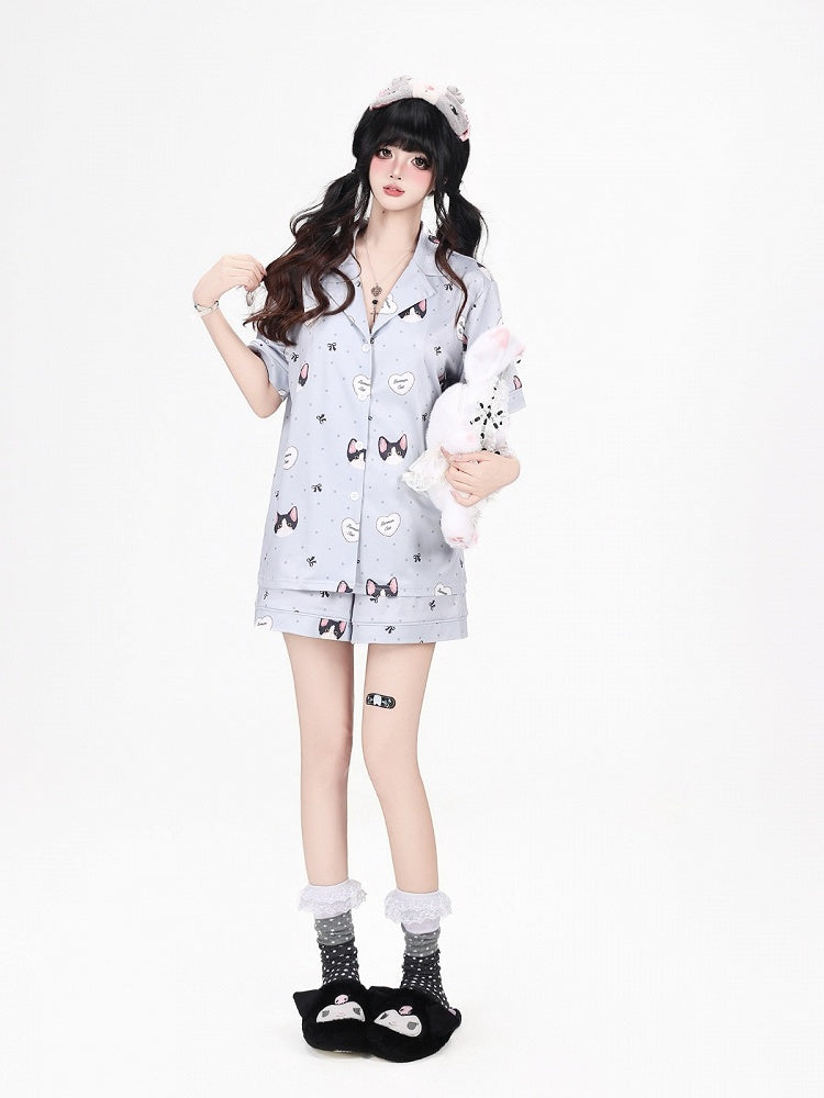 Grey Cute Otaku Kitten Print Short Lounge Wear Two-Piece Set - Short-Sleeve Top + Shorts - CRAZY GIRL