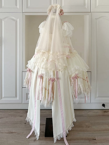Beige Floral Fairy Basque Waist Bowknots Decoration Hanayome Lolita OP / Full Set