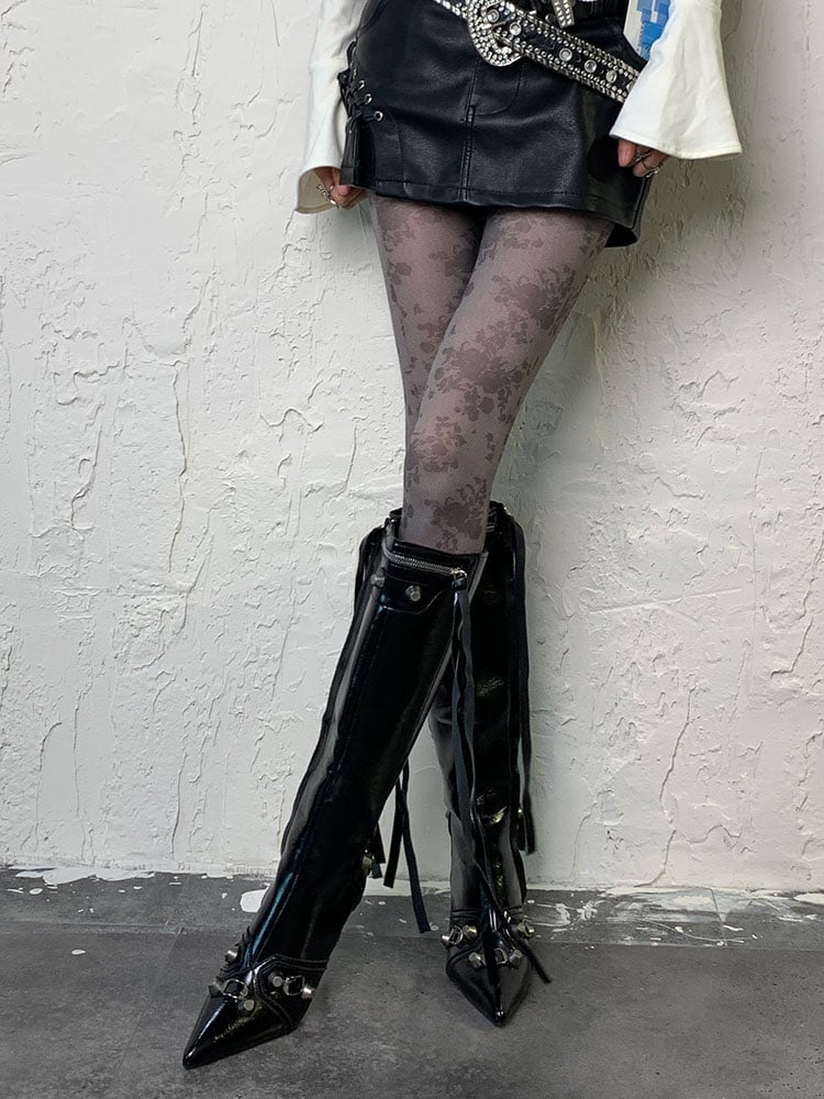 Gothic Grau-lila Y2K Blumenstrumpfhose