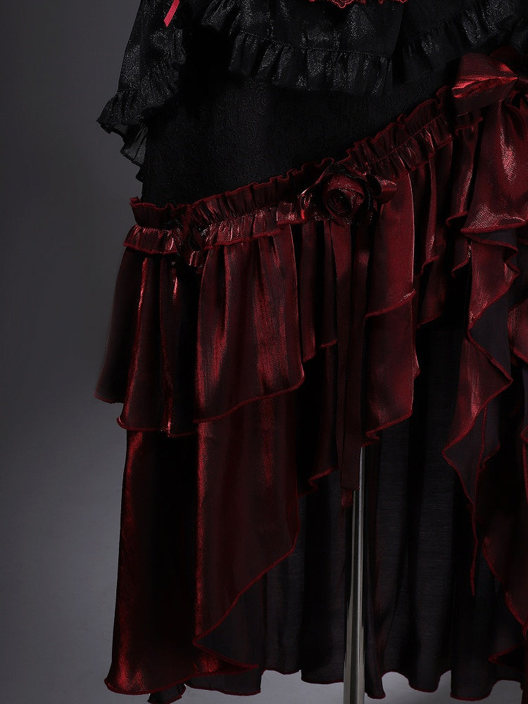 Black Red Gothic Corset Top and Skirt Set with Choker - Xiong Dou Jiang