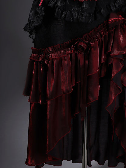 Black Red Gothic Corset Top and Skirt Set with Choker - Xiong Dou Jiang