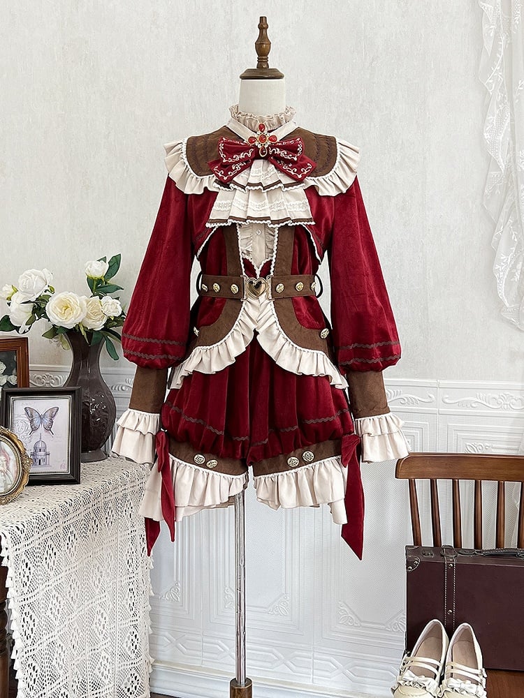 Pieces Set-Beige Ouji Aristocrat Lolita Waist Fashion Red Shirt+Coat+High Christmas Three Shorts