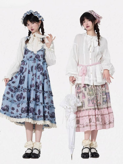 Blouse White Cuffs Long-Sleeve Lolita Loose Ruffled with Drawstring