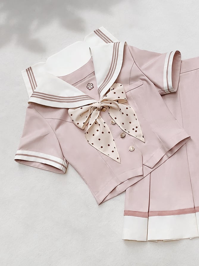 Sleeves Sweet Beige Embroidery Short Collar Sakura Top with Pink Sailor