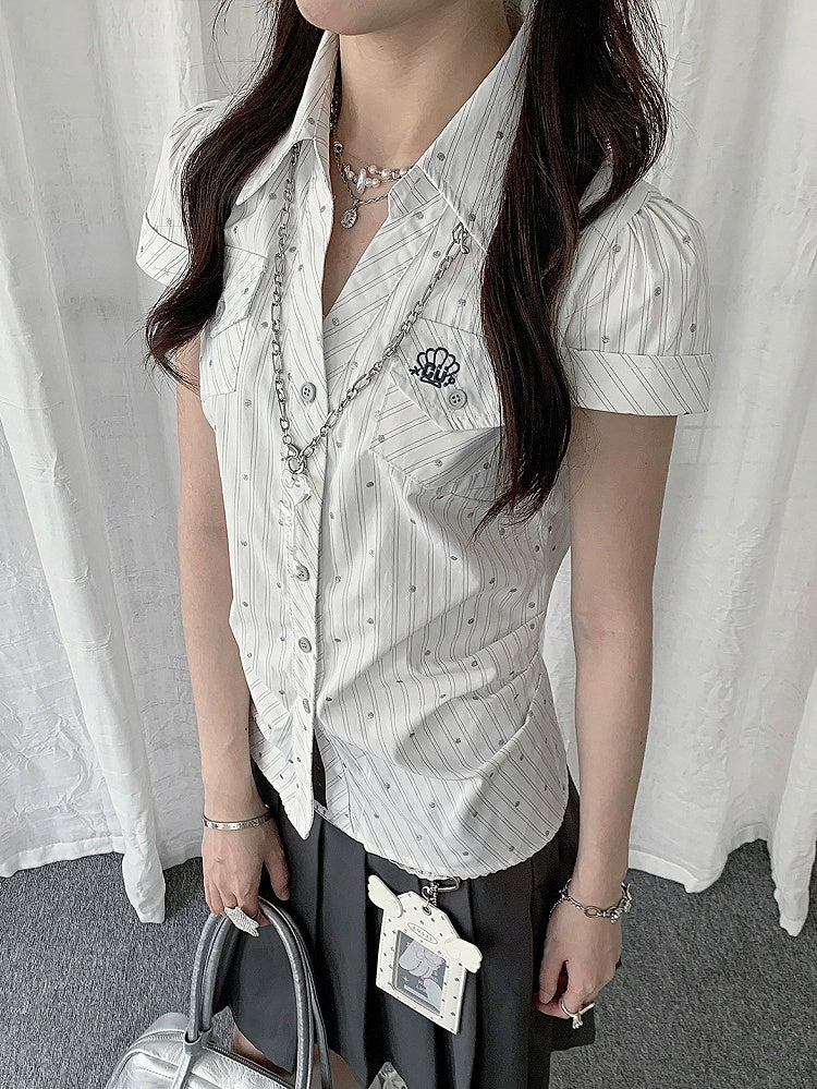 White Short Sleeve Top with Polka Dot and Stripe Pattern - Solkatt