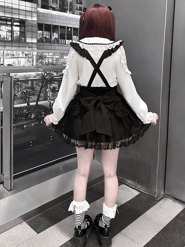 Jirai Kei – Schwarzes Tüllrock-Overallkleid mit Schnürung und hoher Taille, Landmine