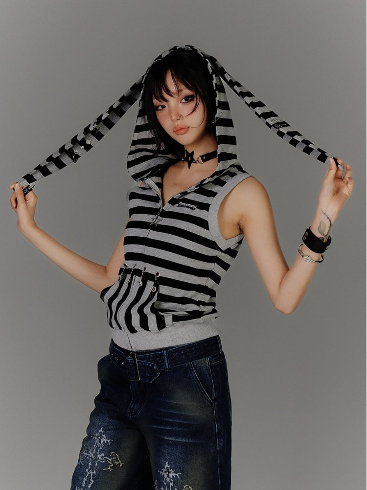 Vintage Bunny Ear Design Black  Grey Stripes Hood Y2K Tank Top