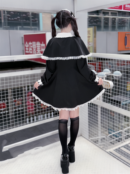 Tie Dress Kei Trim Bow Lace Winter for Free Jirai Cape White + Fall : Black