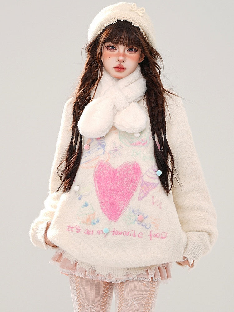 White Heart Pompom Details Round Neck Soft Sweater