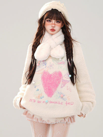 White Heart Pompom Details Round Neck Soft Sweater