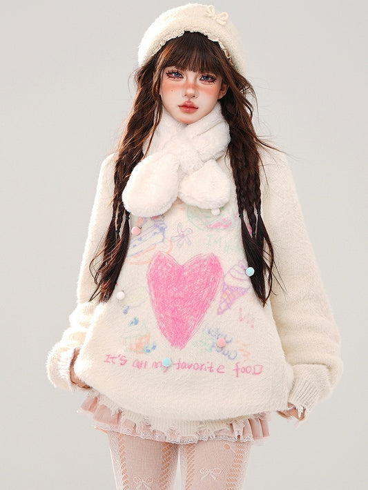 White Heart Pompom Details Round Neck Soft Sweater