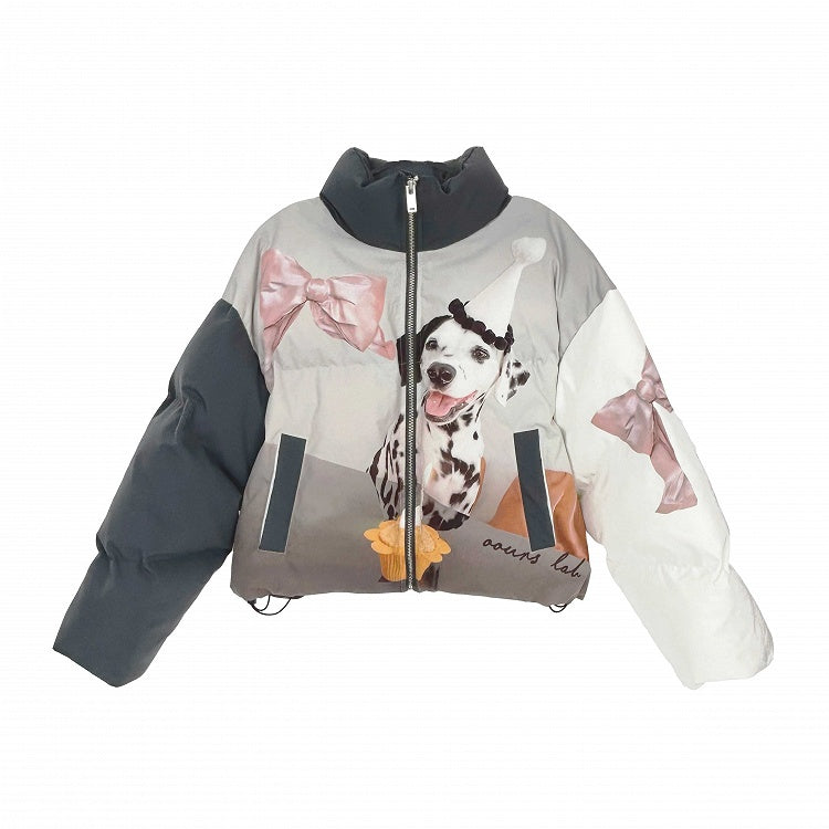 Jacket with Dog Stand Collar Zip-Up Gray Dark Print Spot