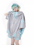 Hoodie Green and Gray Jirai Kei Techwear Straps Design Short Zipper Sleeves