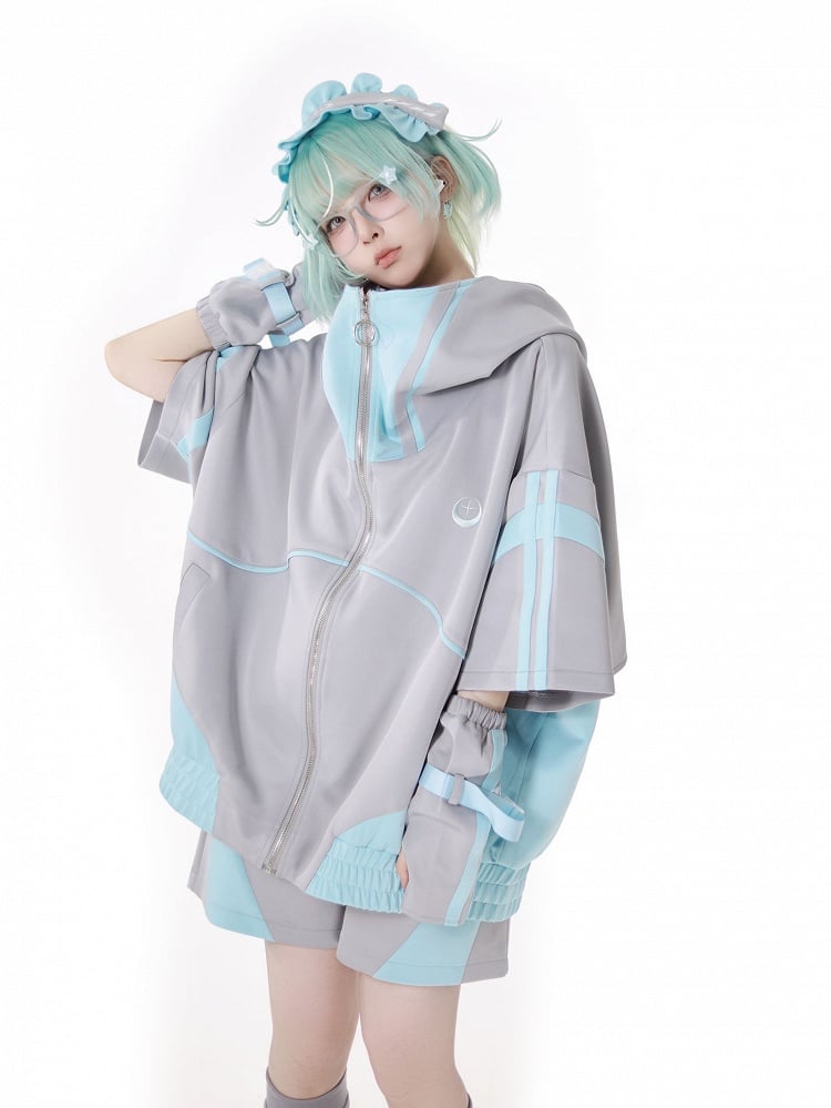 Hoodie Green and Gray Jirai Kei Techwear Straps Design Short Zipper Sleeves
