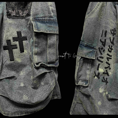 Light Wide-leg Appliques Cross Punk Blue Distressed Wasteland Jeans Cargo