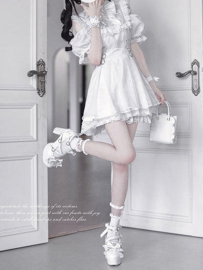Waist Kei with Dress Neckline Buckles Heart Open Lace-up Jirai Shoulder White