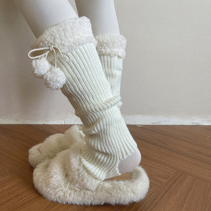 Warmers Ribbed Leg with Cuff Mid-Calf Sherpa Pom-Poms