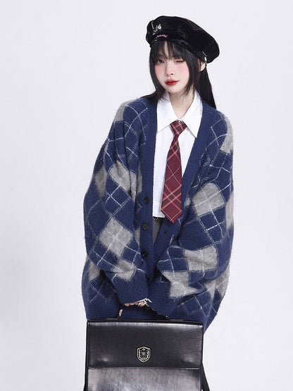 Fall Brushed Diamond Cardigan Version Blue V-Neck Mink Knit Pattern Retro /Faux