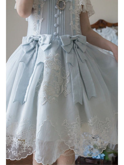 Blue Flutter Sleeve Lolita Dress with Bows and Scallop Trim