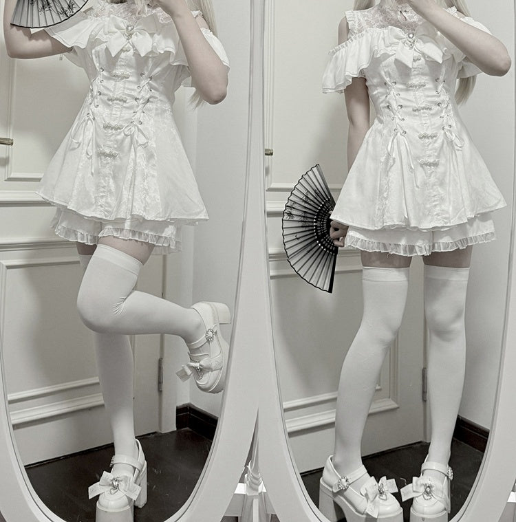 スタイルイリュージョン ボウタイ ミニドレスセット - ケイ チャイナドレス ホワイト + ショーツ ジライネックライン + ベルスリーブ