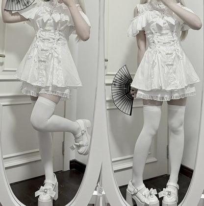 スタイルイリュージョン ボウタイ ミニドレスセット - ケイ チャイナドレス ホワイト + ショーツ ジライネックライン + ベルスリーブ
