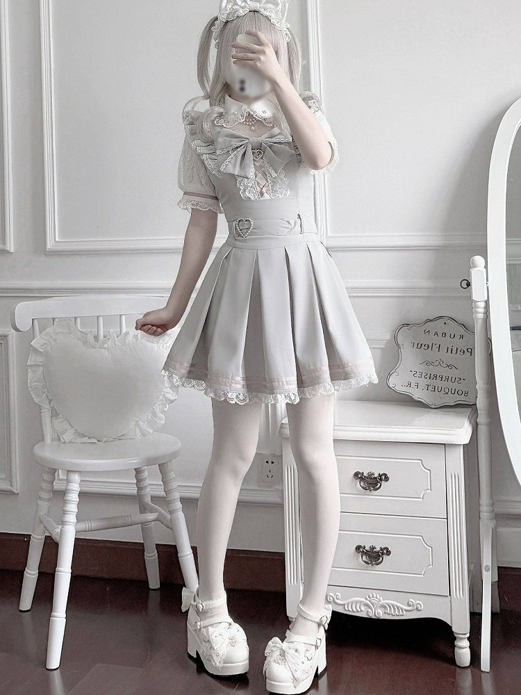 Landmine Style Gray & Pink Short Sleeve Box-Pleated Dress with Lace and Bow Details - Virtual Paradise