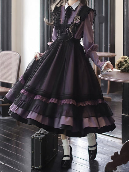 Front with Trim Embroidery Detail and Mesh Apron Dress Purple Lace Black at