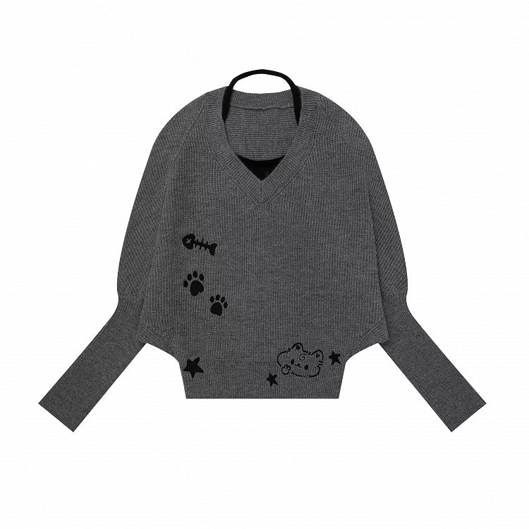 Dark Gray Two-Piece Look Batwing Sleeve Sweater with Kitten Themed Embroidery - Languid Park