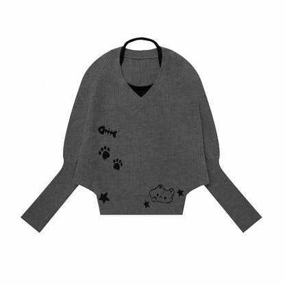 Dark Gray Two-Piece Look Batwing Sleeve Sweater with Kitten Themed Embroidery - Languid Park