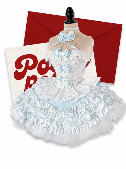 Cropped Details Bodice Floral Strapless Top + Tiered Skirt + Ful Blue Bowknot on Set Top