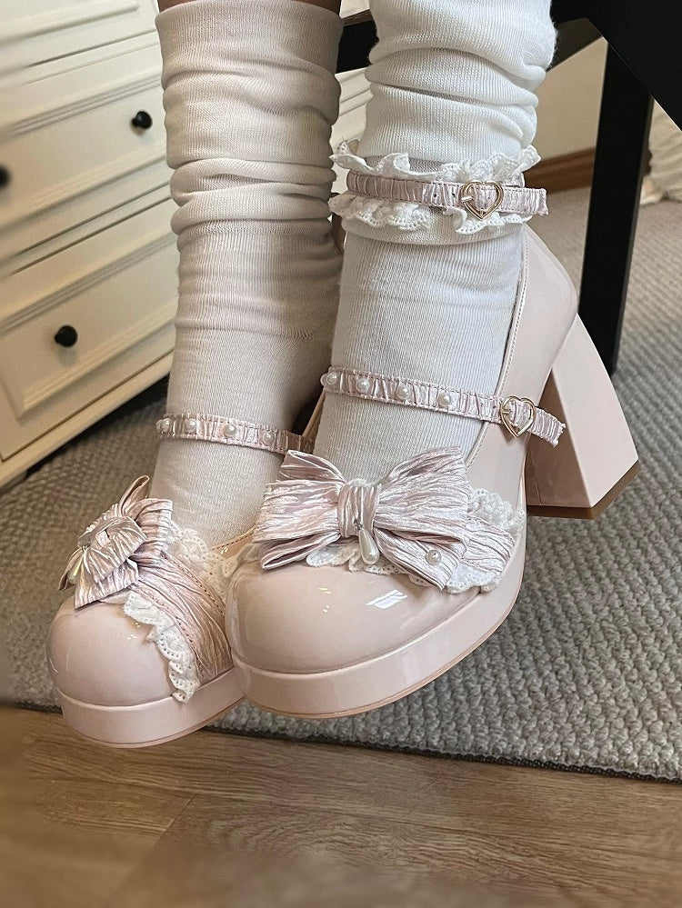 Nude Lolita Spitze - Besatz Pink Süße High Block Heels