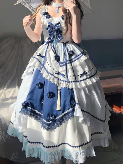 and Floral JSK Dark Lolita Sleeves Dress Embellished Flutter Blue Bow