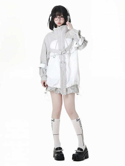 グレーのドローストリングヘムテックウェアバブルスカート