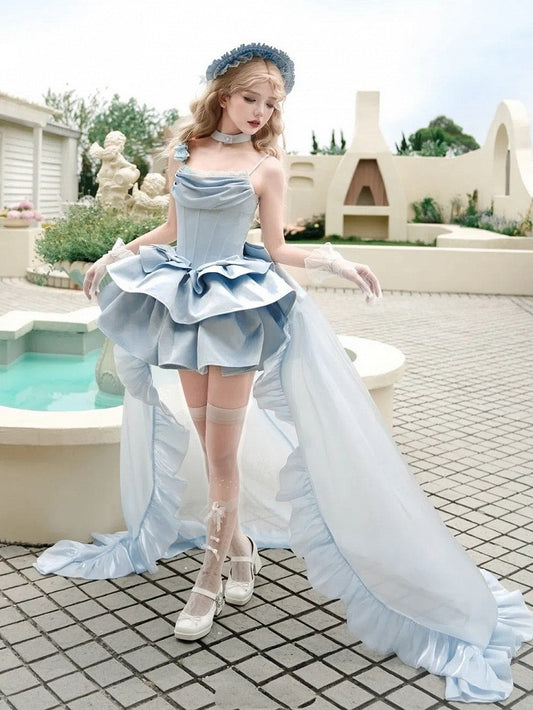Set mit Stäbchen, JSK-Taille, volle Träger, elegantes blaues Kleid mit Ausschnitt, Wasserfallausschnitt, Spaghetti-Lolita
