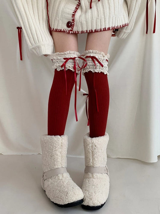 Lace Knit Stockings Ribbed Ruffle with Red