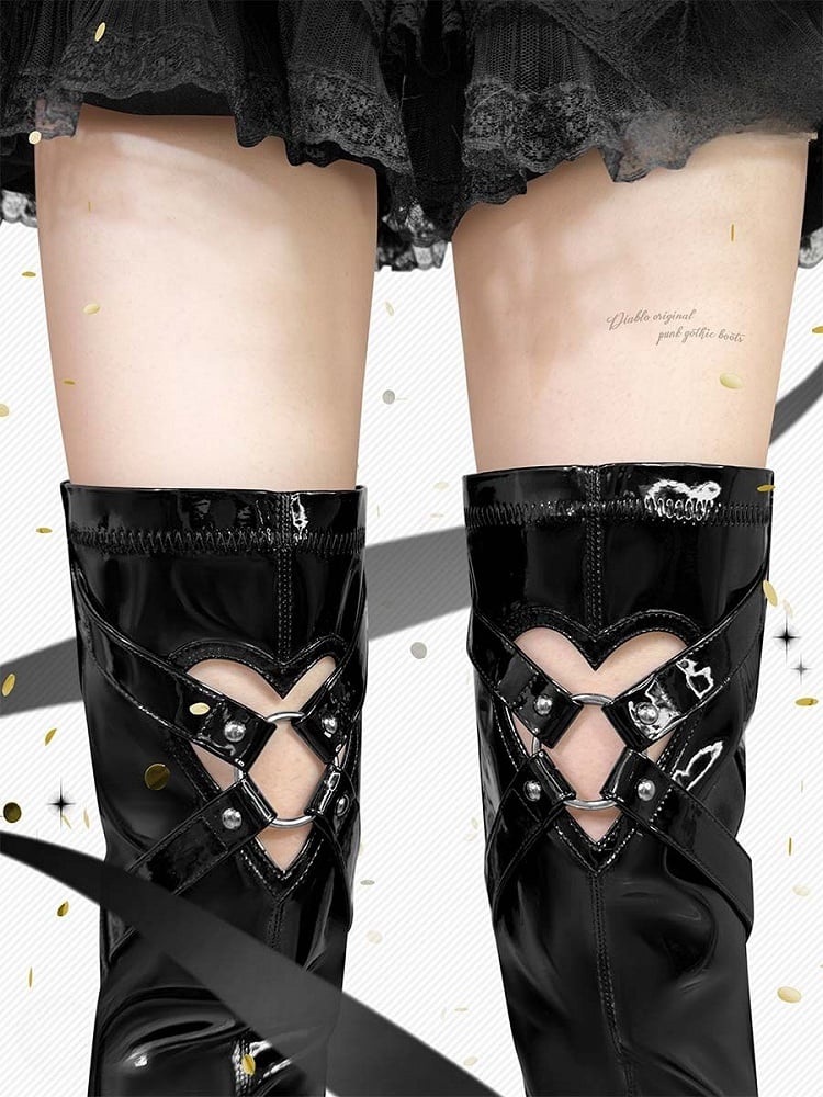 Polierte schwarze Gothic Overknee-Stiefel mit herzförmigem Cutout-Detail