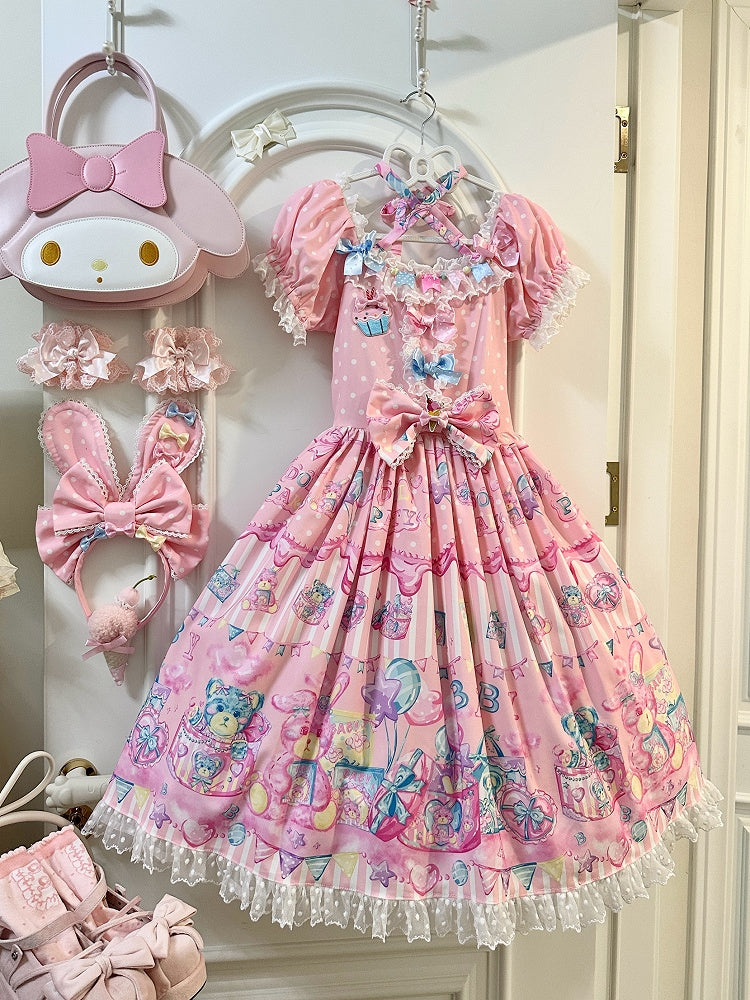 ロリータバニースイートショートプリントパフスリーブテディピンクとドール