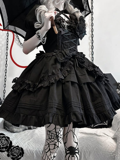 Dress Short Bowknots Heart-shaped Lolita Gothic Version JSK and Decoration Ruffled Black with