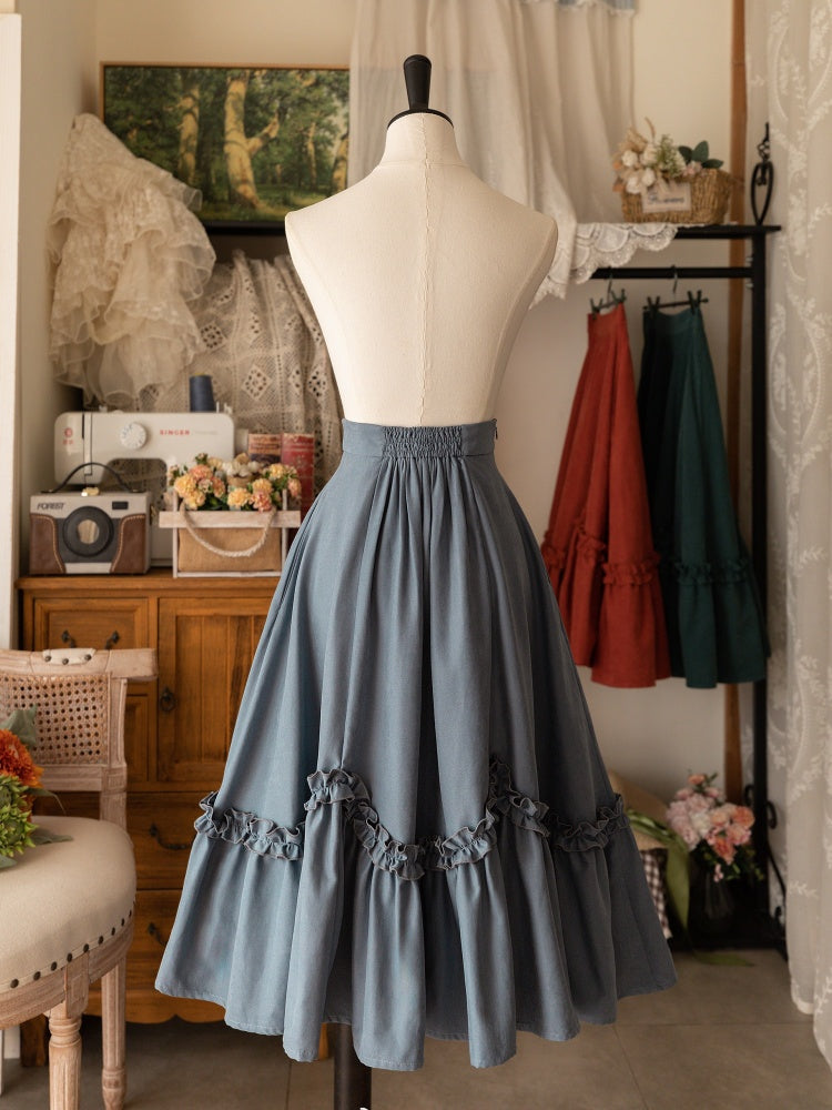 Lolita Ruffle-Trim Flounce-Hem Midi Skirt in Dusty Blue
