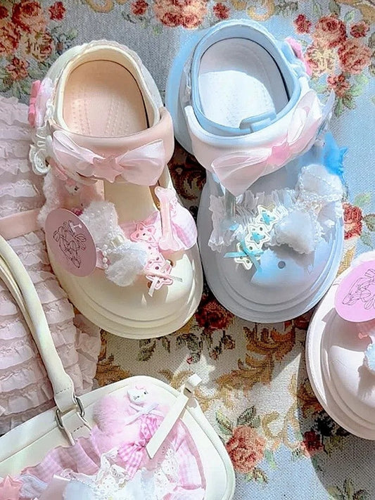 Blue with Plush Crocs-style Sweet Beige Details Accents 5cm Lolita Bone Platform Clogs