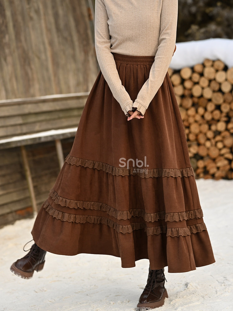Brown Lace Trim Ankle Length Skirt