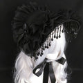 Bowknot Bonnet Gothic Lolita Beaded Lace Tassel Accents Black