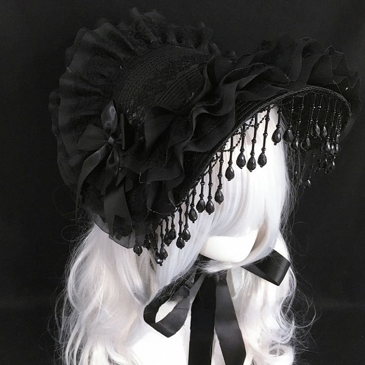 Bowknot Bonnet Gothic Lolita Beaded Lace Tassel Accents Black