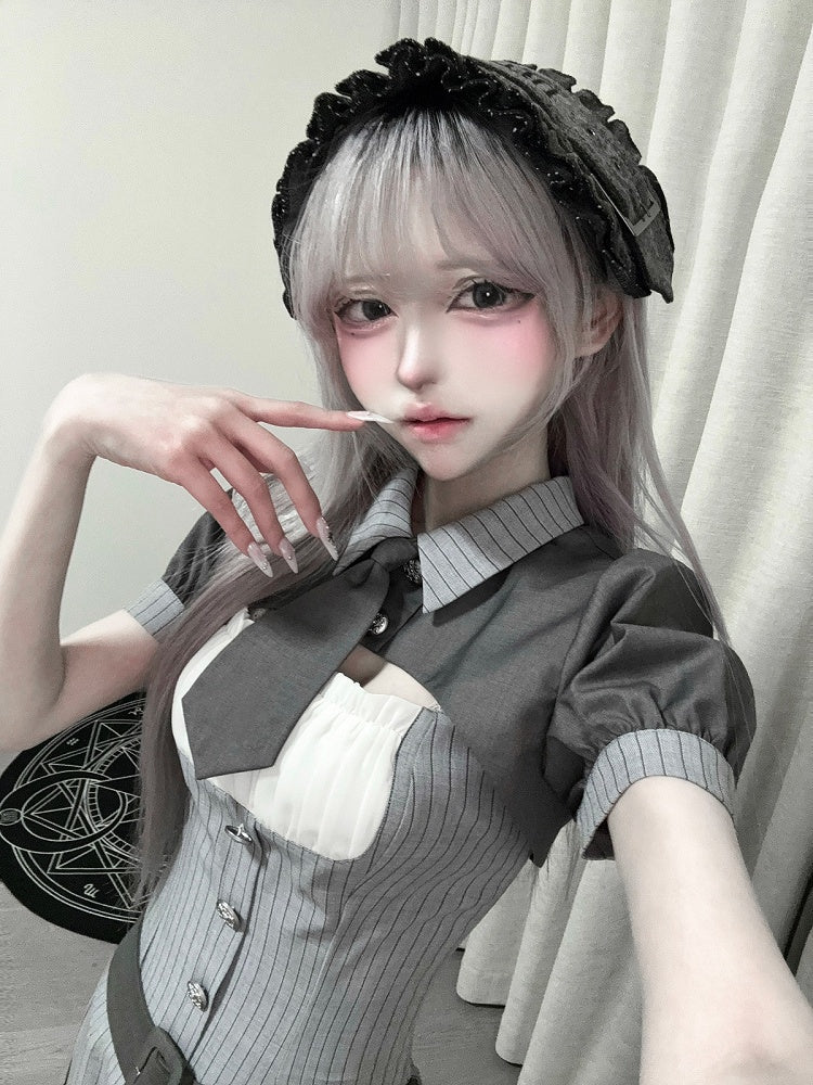 Gray Striped Jirai Kei Set: Cropped Top, Camisole Dress, Belt, Tie - Ekomi