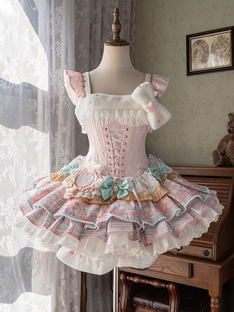 Corset Sweet Pink Dress Decorations Layered Lolita Waist Boned with Bow