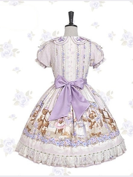Cute Bear Print OP Dress with Purple Floral Embroidery, Doll Collar & Puff Sleeves - Stars Fall on the Foggy Island