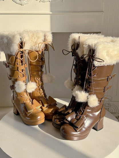 Dark at Closure - Top Boots Hybrid Elegant Brown Winter Lolita Bow