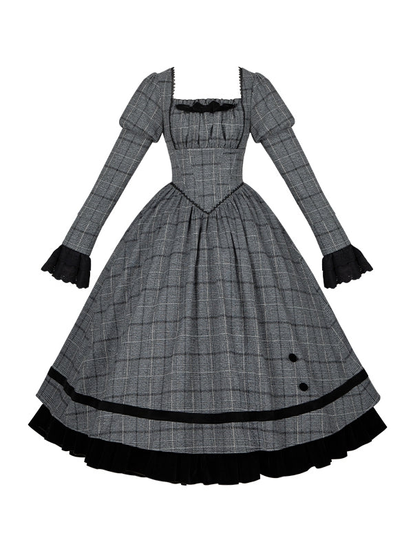 Square Lolita Waist Gray with Dress Pattern Black Plaid Neckline and Boned Elegant