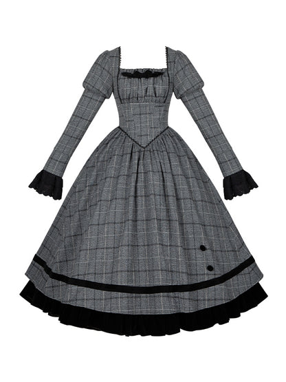 Square Lolita Waist Gray with Dress Pattern Black Plaid Neckline and Boned Elegant