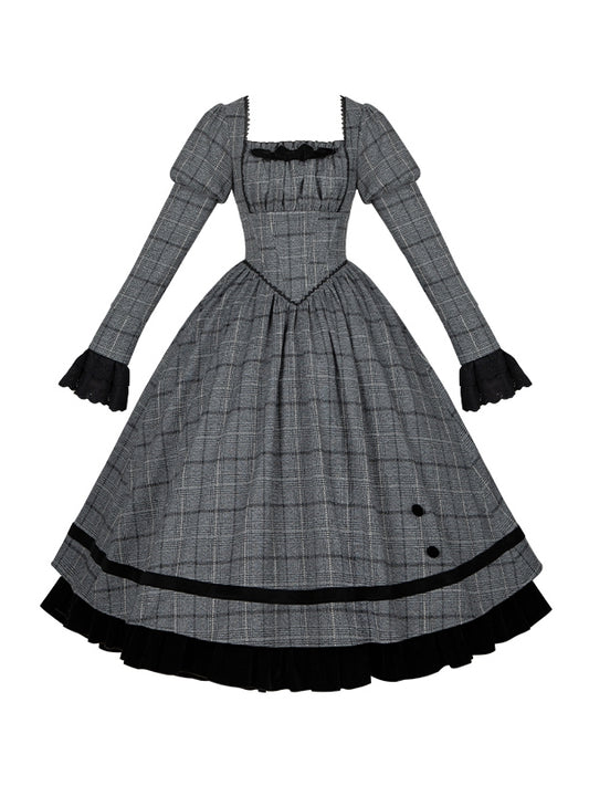 Square Lolita Waist Gray with Dress Pattern Black Plaid Neckline and Boned Elegant